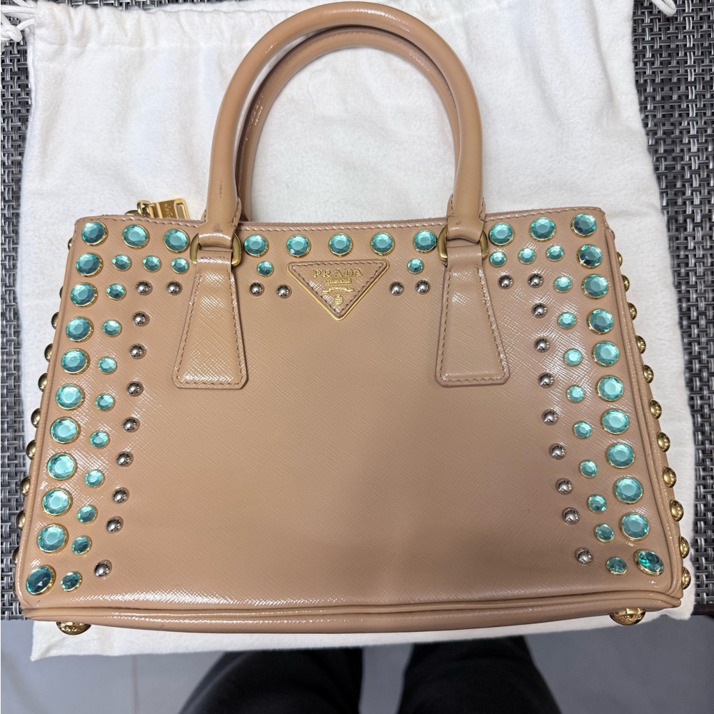 Prada Saffiano Vernice Studded Crystal Double Zip Tote
